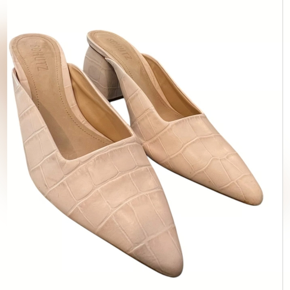 Schutz Croc Embossed Leather Mules in Rose Nude